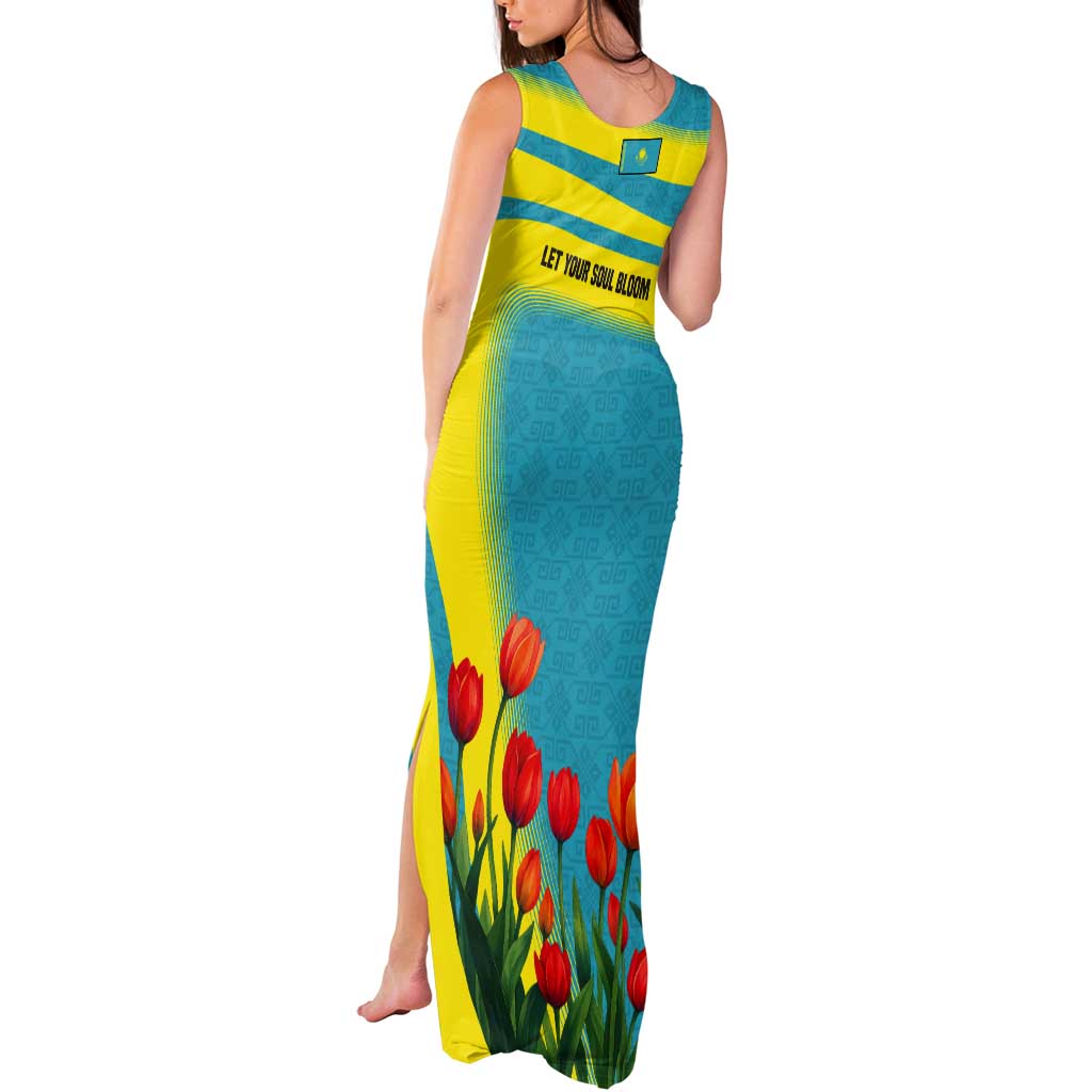 Kazakhstan National Flag Tank Maxi Dress with Red Tulip Bloom and Blue Yellow Ethnic Motif