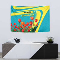 Kazakhstan National Flag Tapestry with Red Tulip Bloom and Blue Yellow Ethnic Motif