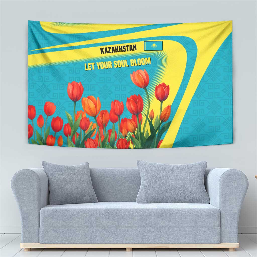 Kazakhstan National Flag Tapestry with Red Tulip Bloom and Blue Yellow Ethnic Motif