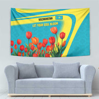 Kazakhstan National Flag Tapestry with Red Tulip Bloom and Blue Yellow Ethnic Motif