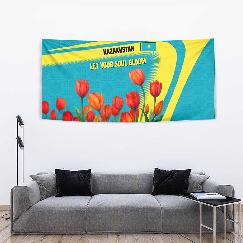 Kazakhstan National Flag Tapestry with Red Tulip Bloom and Blue Yellow Ethnic Motif