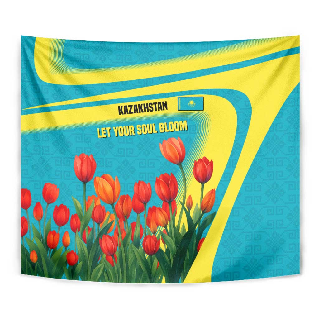 Kazakhstan National Flag Tapestry with Red Tulip Bloom and Blue Yellow Ethnic Motif