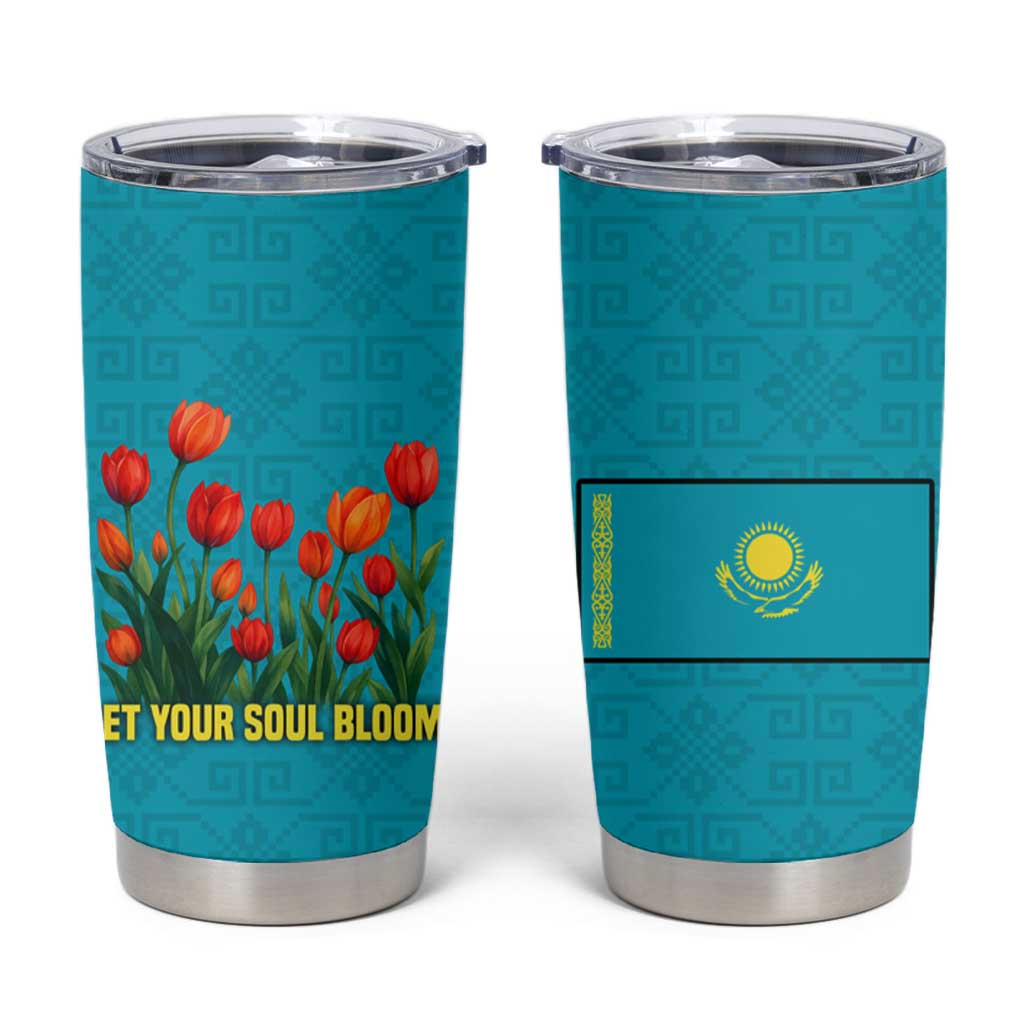 Kazakhstan National Flag Tumbler Cup with Red Tulip Bloom and Blue Yellow Ethnic Motif