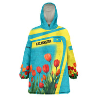 Kazakhstan National Flag Wearable Blanket Hoodie with Red Tulip Bloom and Blue Yellow Ethnic Motif