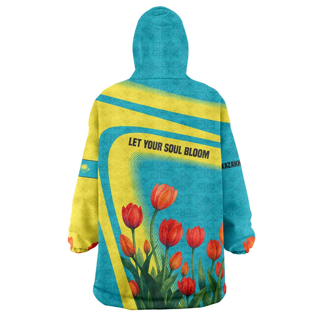 Kazakhstan National Flag Wearable Blanket Hoodie with Red Tulip Bloom and Blue Yellow Ethnic Motif
