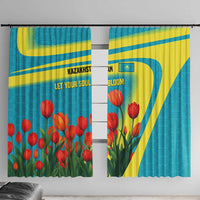 Kazakhstan National Flag Window Curtain with Red Tulip Bloom and Blue Yellow Ethnic Motif