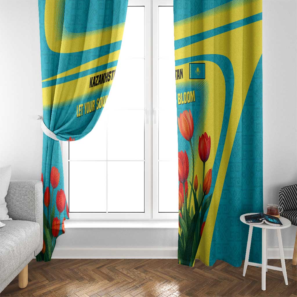 Kazakhstan National Flag Window Curtain with Red Tulip Bloom and Blue Yellow Ethnic Motif
