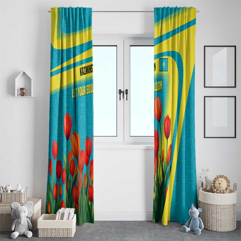 Kazakhstan National Flag Window Curtain with Red Tulip Bloom and Blue Yellow Ethnic Motif