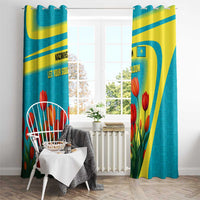 Kazakhstan National Flag Window Curtain with Red Tulip Bloom and Blue Yellow Ethnic Motif