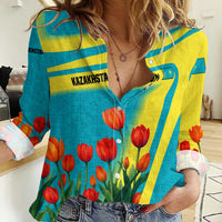 Kazakhstan National Flag Women Casual Shirt with Red Tulip Bloom and Blue Yellow Ethnic Motif