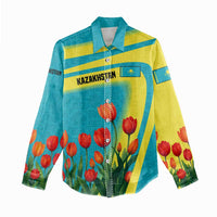 Kazakhstan National Flag Women Casual Shirt with Red Tulip Bloom and Blue Yellow Ethnic Motif