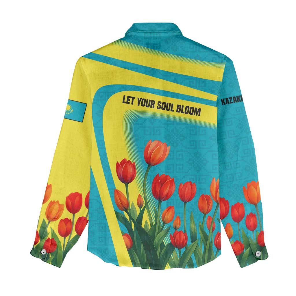 Kazakhstan National Flag Women Casual Shirt with Red Tulip Bloom and Blue Yellow Ethnic Motif