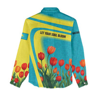 Kazakhstan National Flag Women Casual Shirt with Red Tulip Bloom and Blue Yellow Ethnic Motif