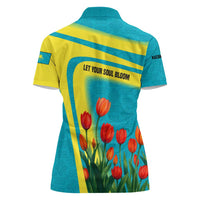 Kazakhstan National Flag Women Polo Shirt with Red Tulip Bloom and Blue Yellow Ethnic Motif