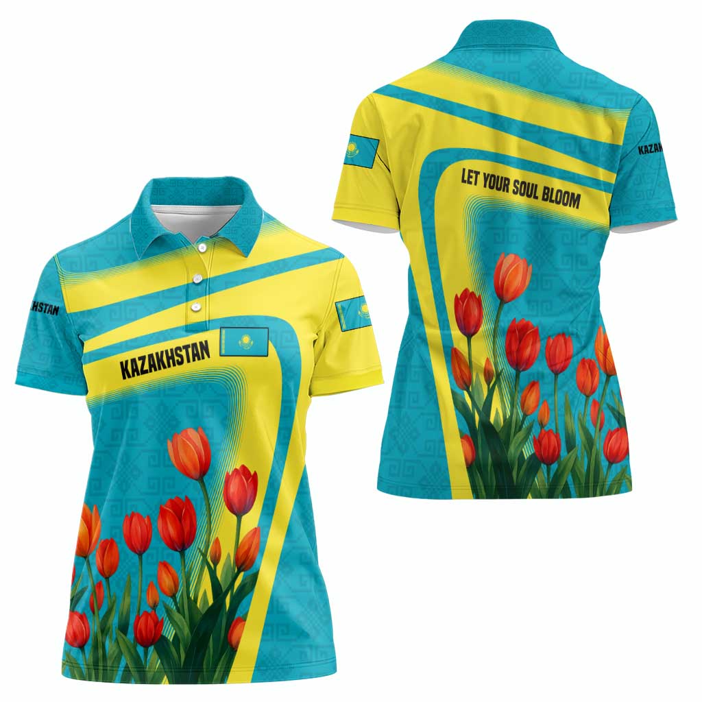 Kazakhstan National Flag Women Polo Shirt with Red Tulip Bloom and Blue Yellow Ethnic Motif