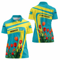 Kazakhstan National Flag Women Polo Shirt with Red Tulip Bloom and Blue Yellow Ethnic Motif