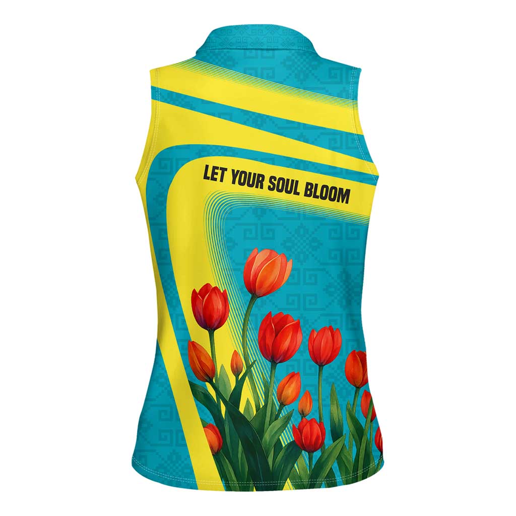 Kazakhstan National Flag Women Sleeveless Polo Shirt with Red Tulip Bloom and Blue Yellow Ethnic Motif