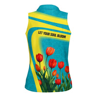 Kazakhstan National Flag Women Sleeveless Polo Shirt with Red Tulip Bloom and Blue Yellow Ethnic Motif