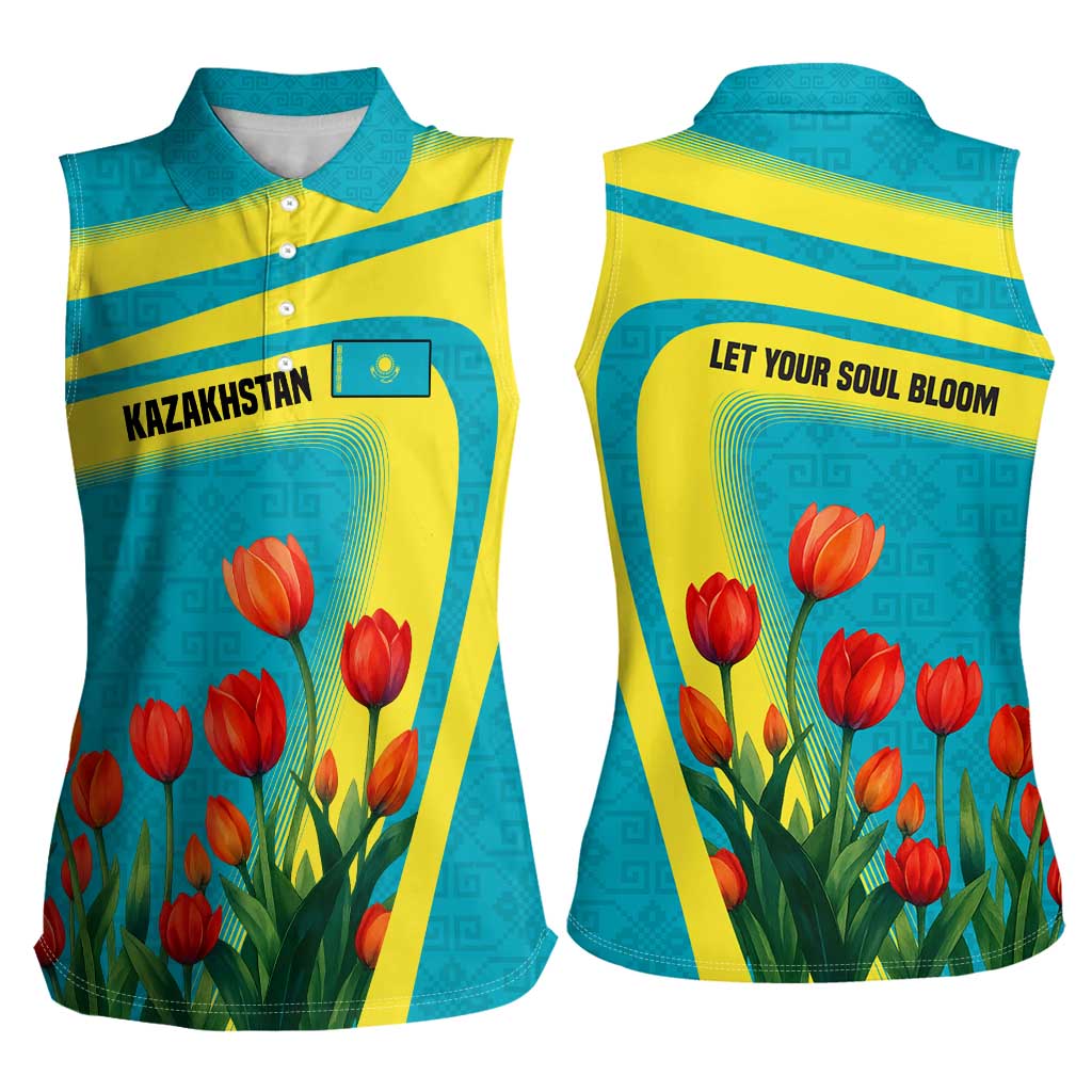 Kazakhstan National Flag Women Sleeveless Polo Shirt with Red Tulip Bloom and Blue Yellow Ethnic Motif