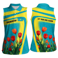 Kazakhstan National Flag Women Sleeveless Polo Shirt with Red Tulip Bloom and Blue Yellow Ethnic Motif