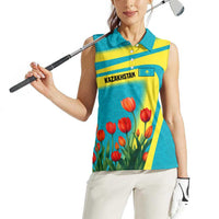 Kazakhstan National Flag Women Sleeveless Polo Shirt with Red Tulip Bloom and Blue Yellow Ethnic Motif
