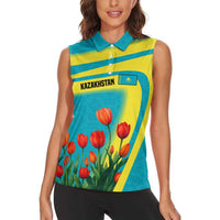 Kazakhstan National Flag Women Sleeveless Polo Shirt with Red Tulip Bloom and Blue Yellow Ethnic Motif