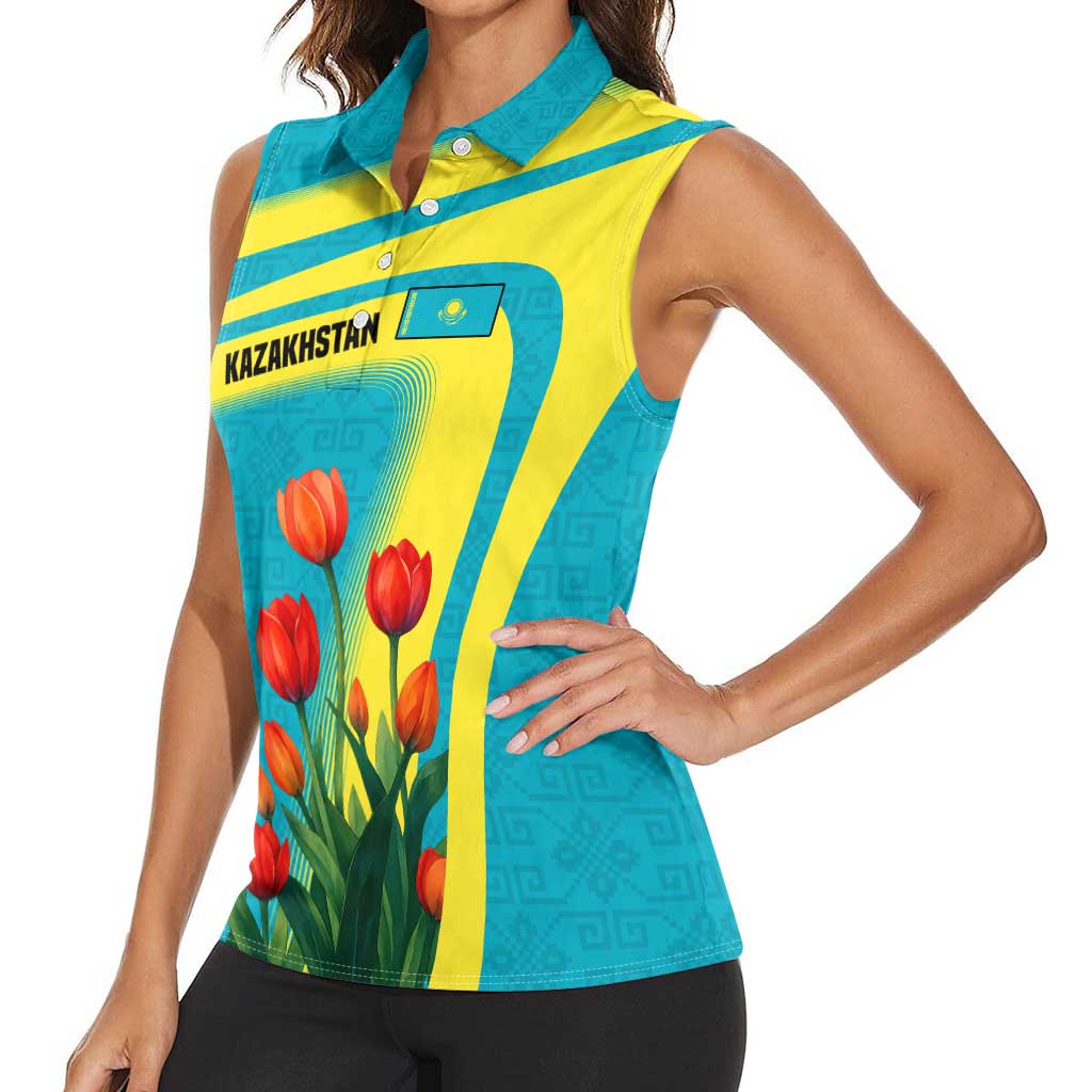 Kazakhstan National Flag Women Sleeveless Polo Shirt with Red Tulip Bloom and Blue Yellow Ethnic Motif