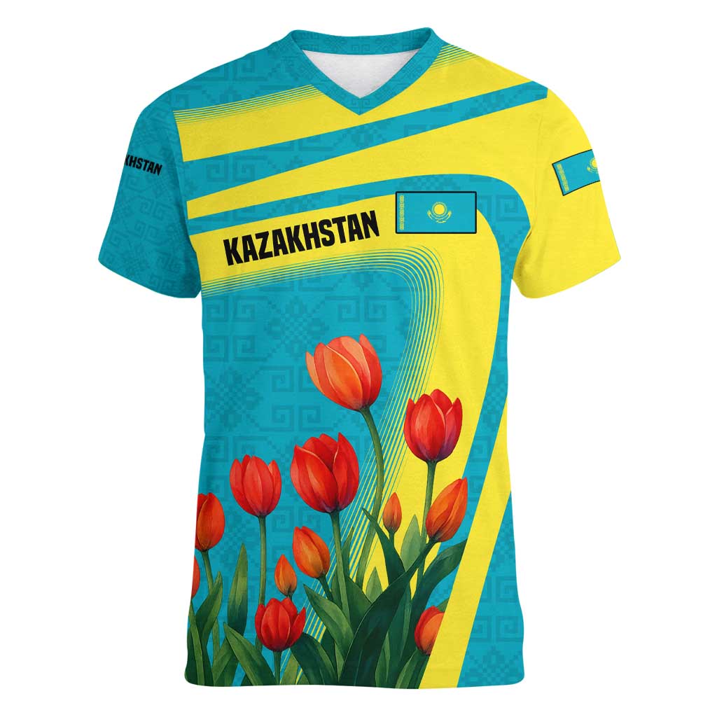 Kazakhstan National Flag Women V-Neck T-Shirt with Red Tulip Bloom and Blue Yellow Ethnic Motif