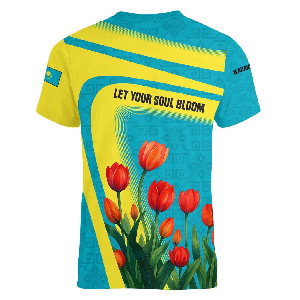 Kazakhstan National Flag Women V-Neck T-Shirt with Red Tulip Bloom and Blue Yellow Ethnic Motif