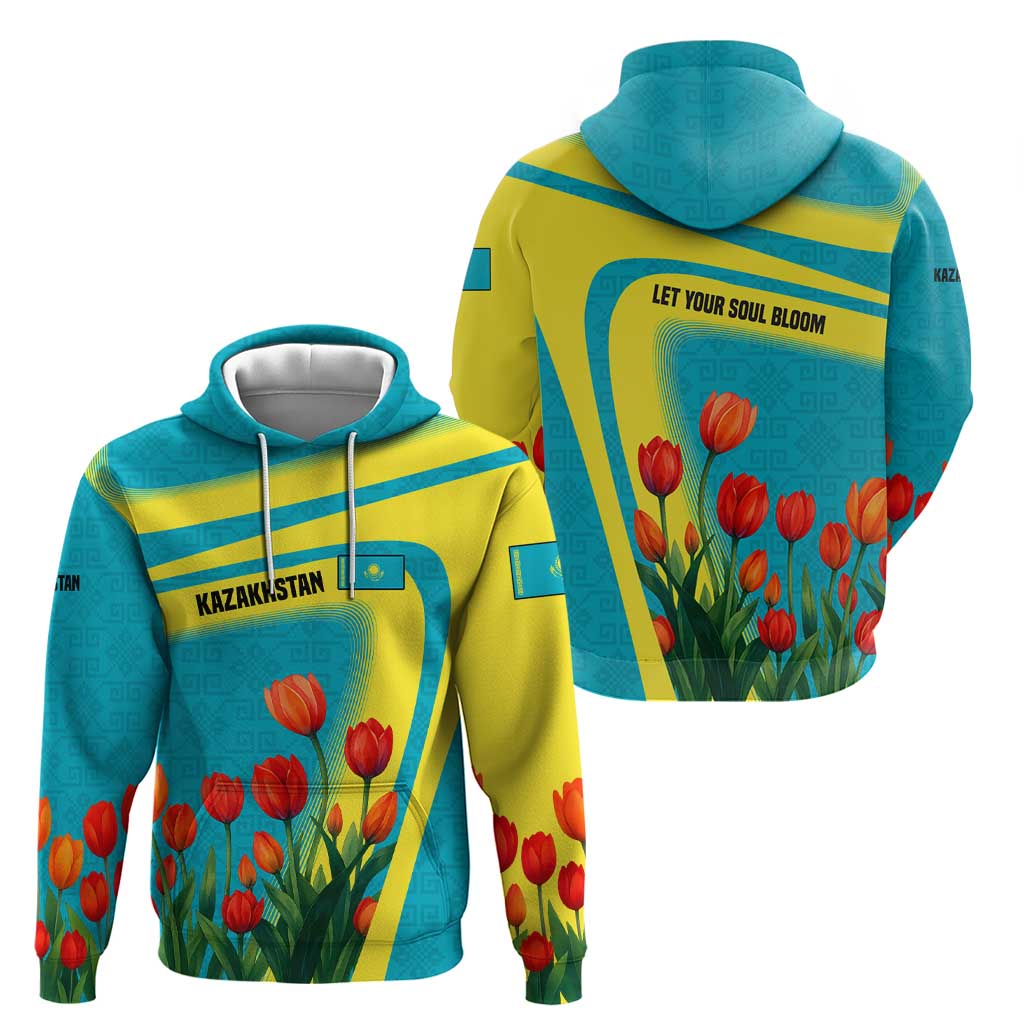 Kazakhstan National Flag Zip Hoodie with Red Tulip Bloom and Blue Yellow Ethnic Motif