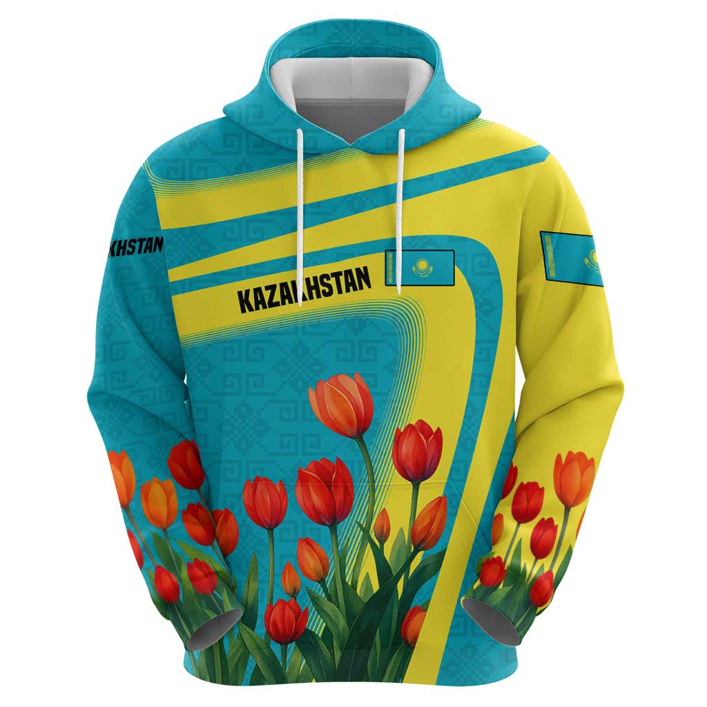 Kazakhstan National Flag Zip Hoodie with Red Tulip Bloom and Blue Yellow Ethnic Motif