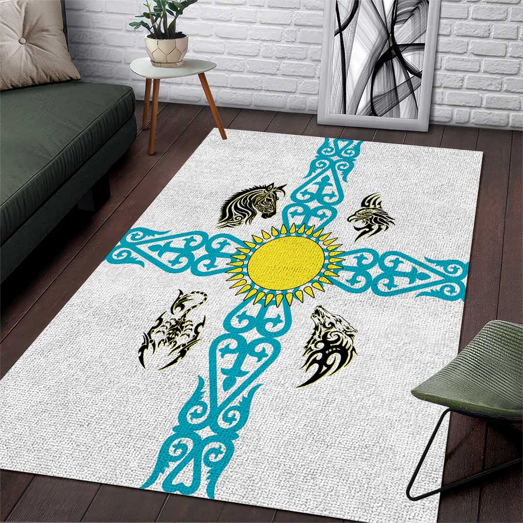 Kazakhstan National Symbols Area Rug with Tribal Animal Crest and Blue Ethnic Motif on White