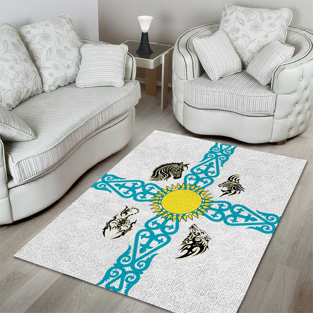 Kazakhstan National Symbols Area Rug with Tribal Animal Crest and Blue Ethnic Motif on White