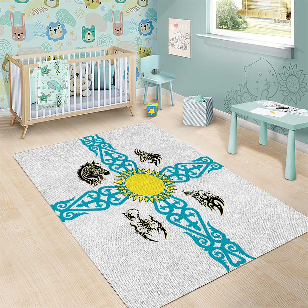 Kazakhstan National Symbols Area Rug with Tribal Animal Crest and Blue Ethnic Motif on White