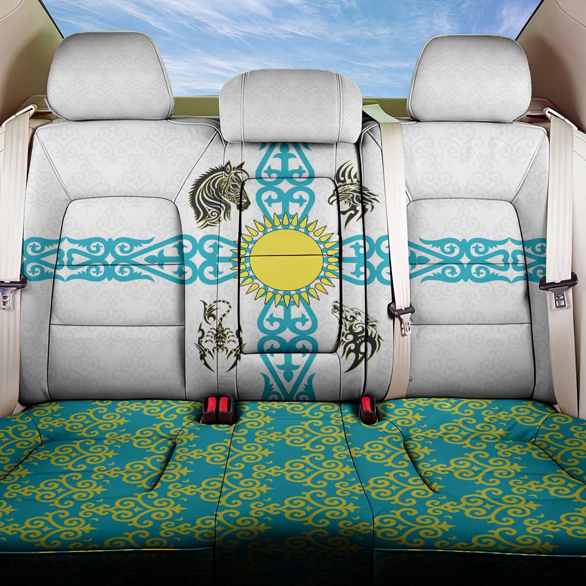 Kazakhstan National Symbols Back Car Seat Cover with Tribal Animal Crest and Blue Ethnic Motif on White