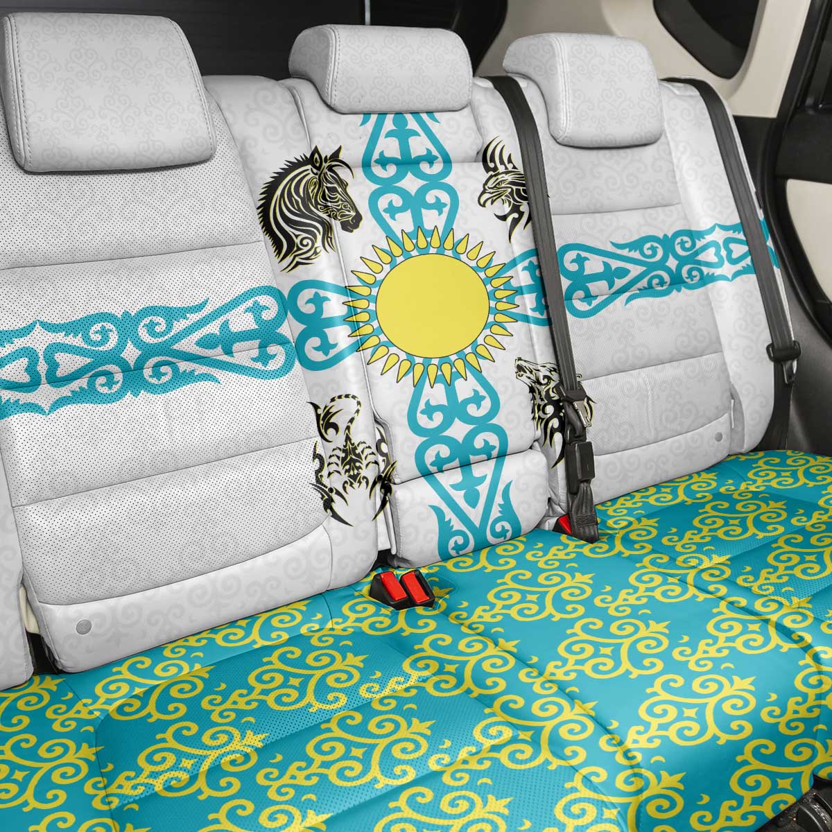 Kazakhstan National Symbols Back Car Seat Cover with Tribal Animal Crest and Blue Ethnic Motif on White