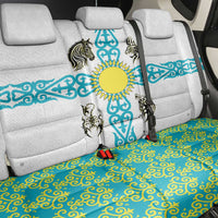 Kazakhstan National Symbols Back Car Seat Cover with Tribal Animal Crest and Blue Ethnic Motif on White