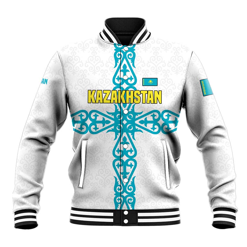 Kazakhstan National Symbols Baseball Jacket with Tribal Animal Crest and Blue Ethnic Motif on White