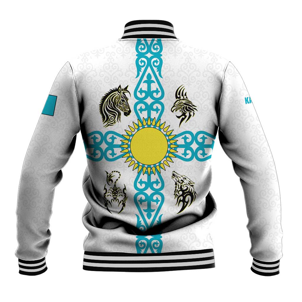 Kazakhstan National Symbols Baseball Jacket with Tribal Animal Crest and Blue Ethnic Motif on White