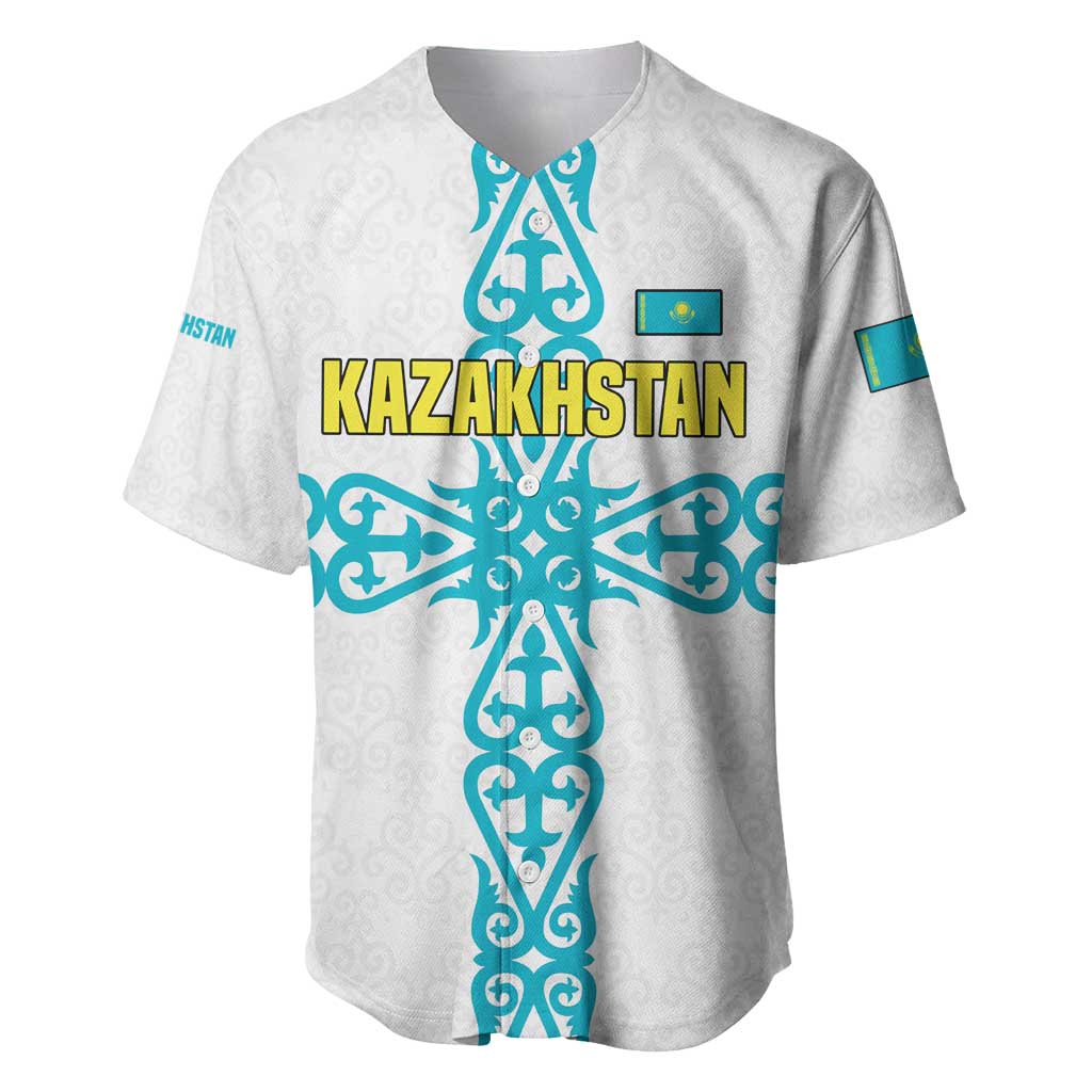 Kazakhstan National Symbols Baseball Jersey with Tribal Animal Crest and Blue Ethnic Motif on White