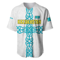 Kazakhstan National Symbols Baseball Jersey with Tribal Animal Crest and Blue Ethnic Motif on White