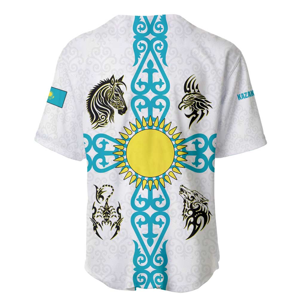 Kazakhstan National Symbols Baseball Jersey with Tribal Animal Crest and Blue Ethnic Motif on White
