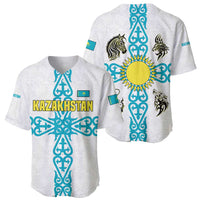 Kazakhstan National Symbols Baseball Jersey with Tribal Animal Crest and Blue Ethnic Motif on White