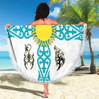 Kazakhstan National Symbols Beach Blanket with Tribal Animal Crest and Blue Ethnic Motif on White