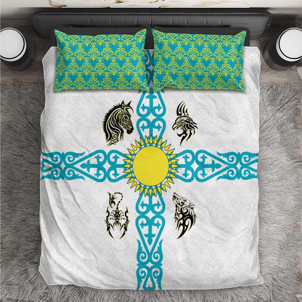 Kazakhstan National Symbols Bedding Set with Tribal Animal Crest and Blue Ethnic Motif on White