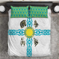 Kazakhstan National Symbols Bedding Set with Tribal Animal Crest and Blue Ethnic Motif on White