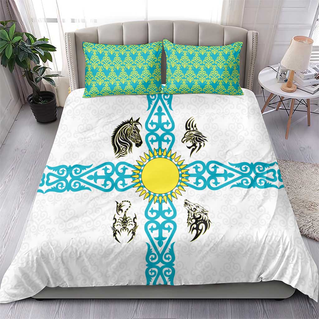 Kazakhstan National Symbols Bedding Set with Tribal Animal Crest and Blue Ethnic Motif on White