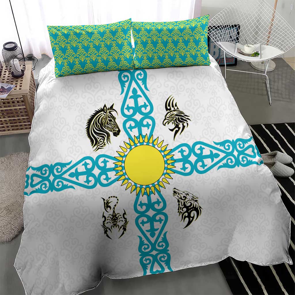 Kazakhstan National Symbols Bedding Set with Tribal Animal Crest and Blue Ethnic Motif on White