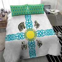 Kazakhstan National Symbols Bedding Set with Tribal Animal Crest and Blue Ethnic Motif on White