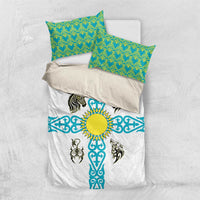 Kazakhstan National Symbols Bedding Set with Tribal Animal Crest and Blue Ethnic Motif on White
